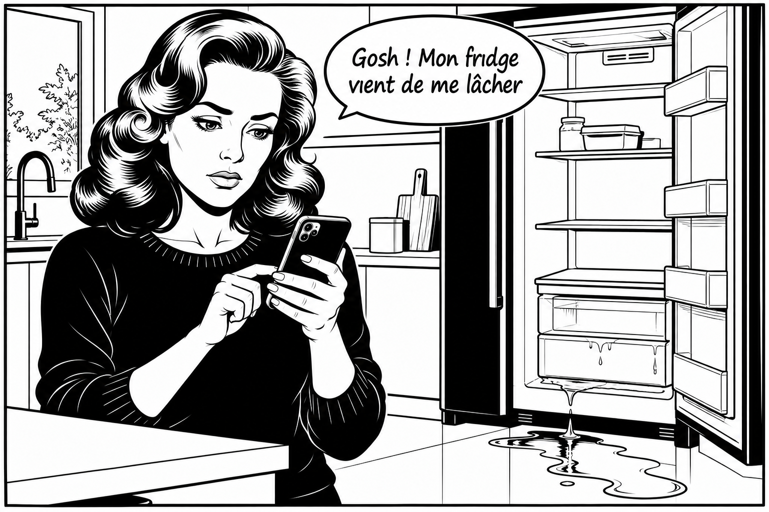 Camille devant son frigo en panne écrit sur son téléphone. Elle dit : Gosh ! Mon fridge vient de me lâcher.