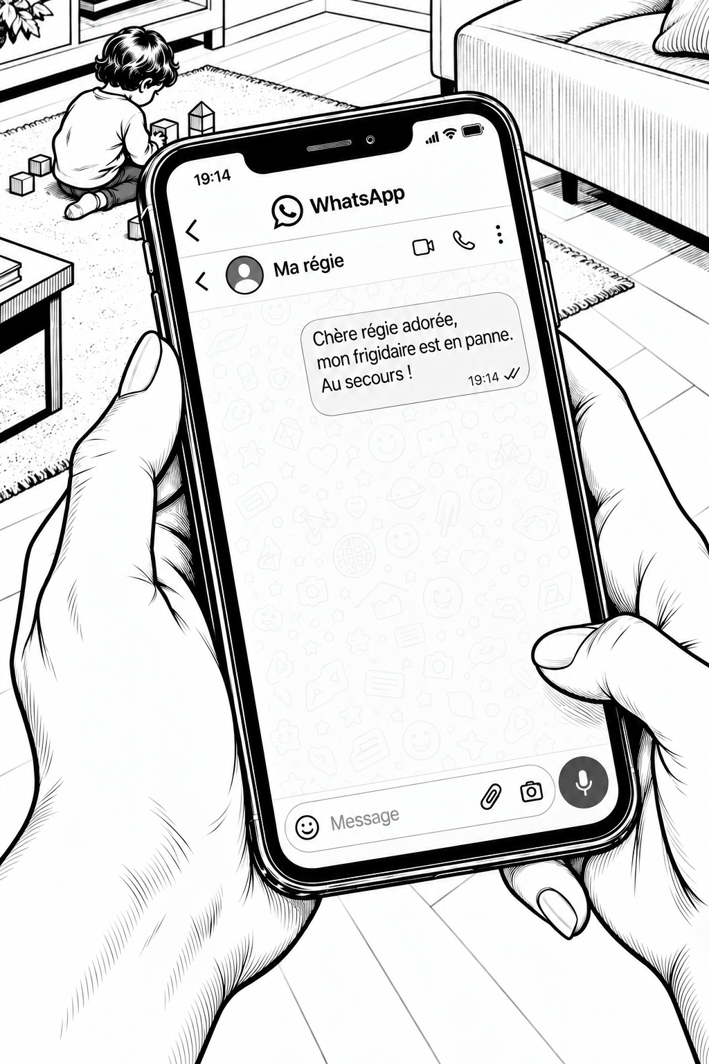 Le téléphone vu par Camille, face au salon où un enfant joue au sol. Elle envoie sur WhatsApp à sa régie : Chère régie adorée, mon frigidaire est en panne. Au secours !