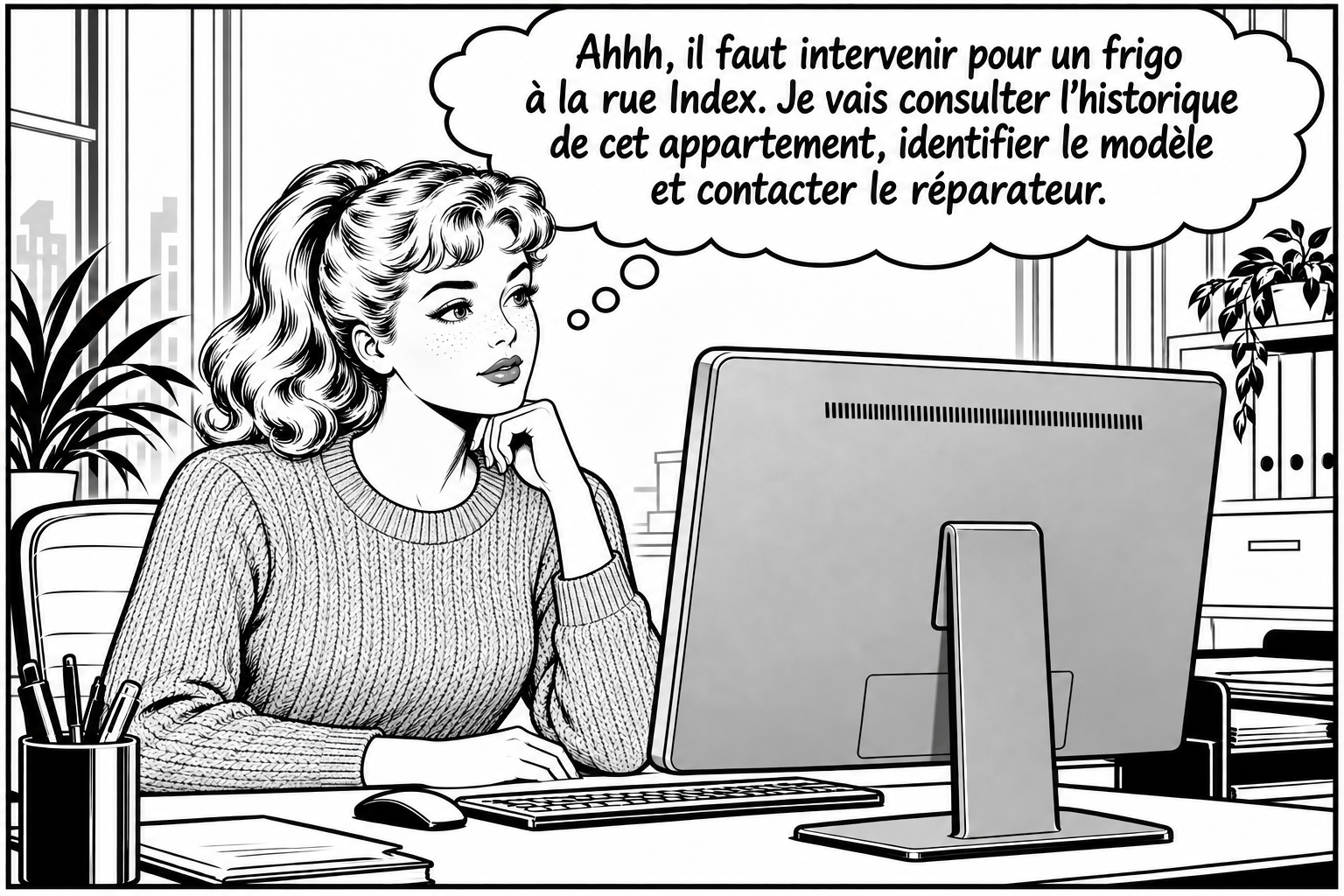 Clara, blonde avec une queue-de-cheval et un pull en maille dans le style années 50, est assise devant son ordinateur dont seul le dos est visible. Dans une bulle de pensée en nuage : Ahhh, il faut intervenir pour un frigo à la rue Index. Je vais consulter l’historique de cet appartement, identifier le modèle et contacter le réparateur.